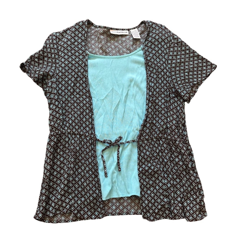 Sag Harbor Womens Medium Brown Turquoise Geometric Print Layered Tie Waist Top